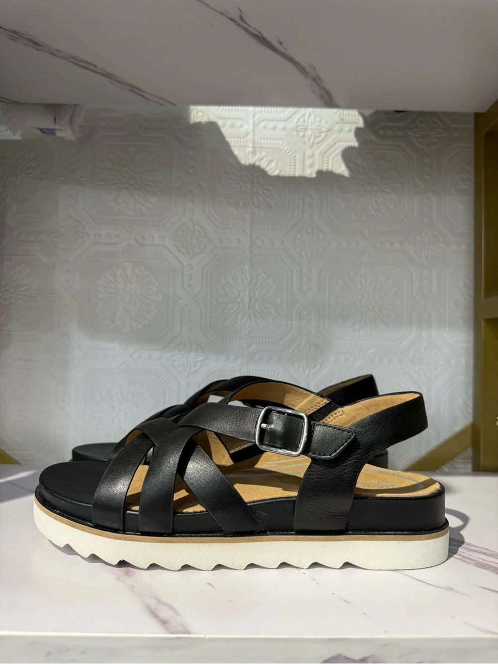 Aetrex Carmen Black SF130W36 Crisscross Strappy Sandals with White Platform